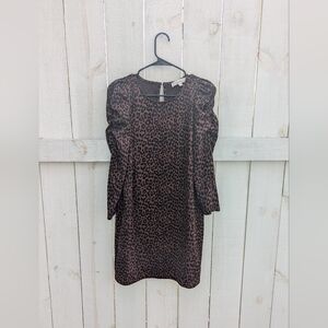 LOFT Brown Animal Print Leg of Mutton Long Sleeve Midi Dress